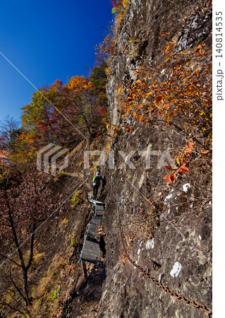 紅葉の裏妙義の岩壁と行く登山者 140814535