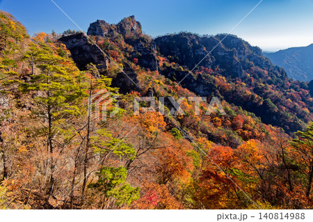 紅葉の裏妙義の岩峰群 140814988