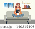 Happy Young Woman Sitting and Using Tablet Illustration 140815406