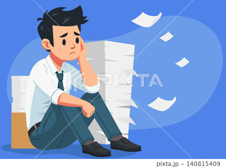 Overwhelmed Office Worker with Paperwork Illustration Overwhelmed Office Worker with Paperwork Illustration 140815409