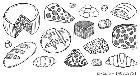 Hand drawn bread and cheese sketch set 140815751