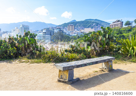 Walking path trail bench rainforest sea Rio de Janeiro Brazil. 140816600