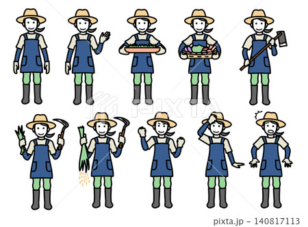 イラスト素材: 農業をする女性の様々なポーズや表情のセット 140817113