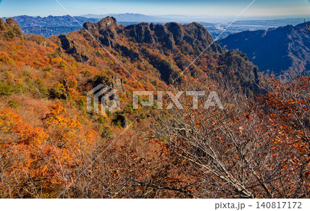 紅葉の裏妙義の岩峰と榛名山・日光連山・関東平野の眺め 紅葉の裏妙義の岩峰と榛名山・日光連山・関東平野の眺め 140817172