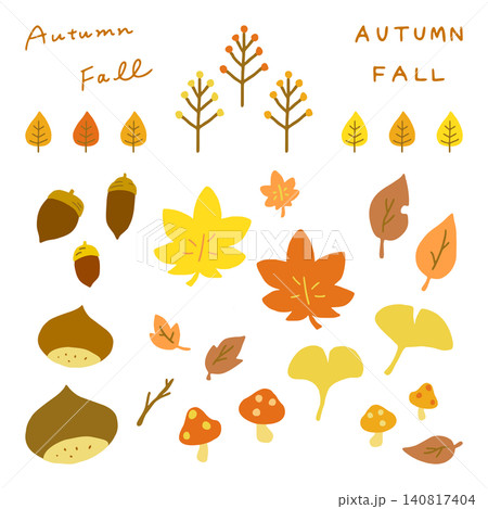 秋のイラストセット 紅葉・いちょう・どんぐり・栗・きのこ 手描きフラットデザイン 秋のイラストセット 紅葉・いちょう・どんぐり・栗・きのこ 手描きフラットデザイン 140817404
