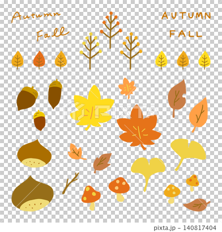 秋のイラストセット 紅葉・いちょう・どんぐり・栗・きのこ 手描きフラットデザイン 秋のイラストセット 紅葉・いちょう・どんぐり・栗・きのこ 手描きフラットデザイン 140817404