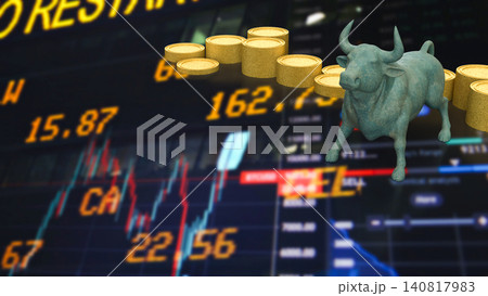 Bull Market Growth Concept with Gold Coins and Trading Screen 3d render. Bull Market Growth Concept with Gold Coins and Trading Screen 3d render. 140817983