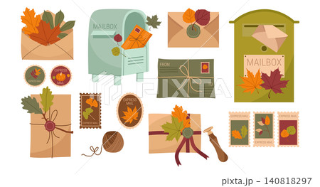 Autumn mail vector set with mailboxes envelopes stamps and fall leaves 140818297