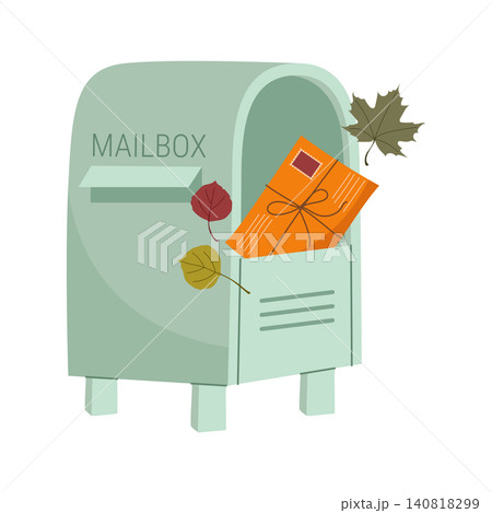 Cute blue retro mailbox with autumn leaves and letter vector icon Cute blue retro mailbox with autumn leaves and letter vector icon 140818299