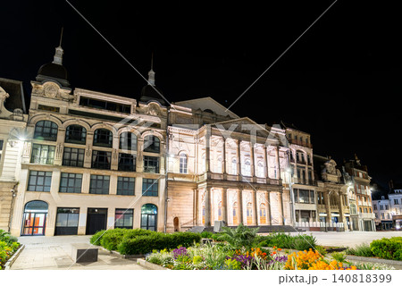 The illuminated facade of the Theater Jean Vilar at night located in the Place de Hotel de Ville in Saint Quentin France The illuminated facade of the Theater Jean Vilar at night located in the Place de Hotel de Ville in Saint Quentin France 140818399