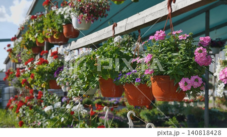 Colorful hanging flower pots decorating a garden center Colorful hanging flower pots decorating a garden center 140818428