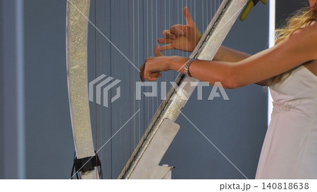 Musician hands playing harp strings during elegant musical performance Musician hands playing harp strings during elegant musical performance 140818638