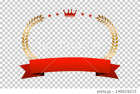 Five emblem materials (without text) featuring a laurel wreath frame and red ribbon, suitable for promotional and sales POP displays. 140819215