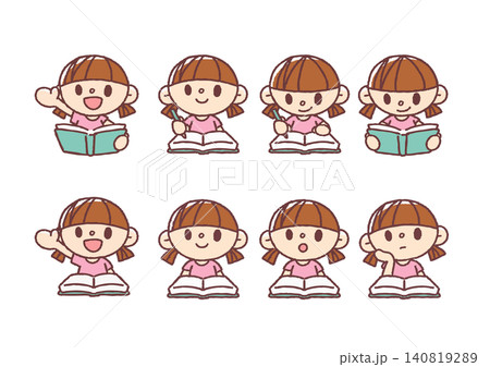 学習する女の子のイラストセット シンプルかわいい 学習する女の子のイラストセット シンプルかわいい 140819289