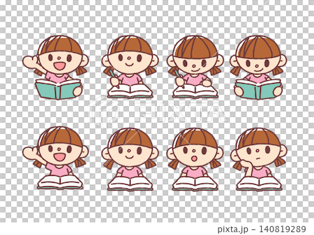 学習する女の子のイラストセット シンプルかわいい 学習する女の子のイラストセット シンプルかわいい 140819289
