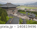 福井県の越前大仏（清大寺）の大仏殿と遠くに勝山城を望む雄大な寺院風景 140819496