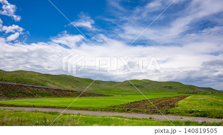 Grassland scene with rolling hills, dirt road, and cloud-filled sky 140819505