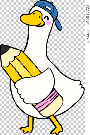 Goose Back to School Student Character Holding a Pencil Cartoon Hand Drawn 140819723