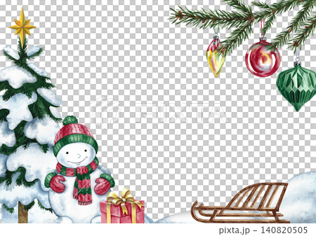 Christmas card with a snowman, a Christmas tree, a sled, gifts, and decorations on a Christmas tree branch. Hand-drawn watercolor illustration. For Christmas, New Year greeting cards, and more. Christmas card with a snowman, a Christmas tree, a sled, gifts, and decorations on a Christmas tree branch. Hand-drawn watercolor illustration. For Christmas, New Year greeting cards, and more. 140820505