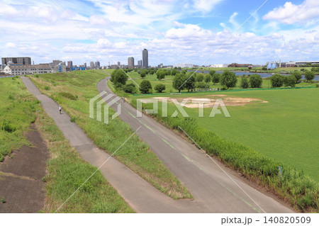 夏の荒川：鹿浜橋から望む新東京都民ゴルフ場（東京都北区側） 140820509