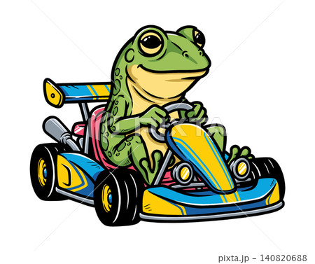 frog riding a go-kart happily frog riding a go-kart happily 140820688