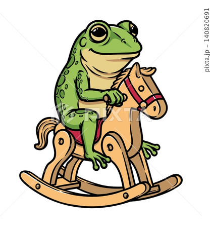 frog riding a toy wooden horse 140820691