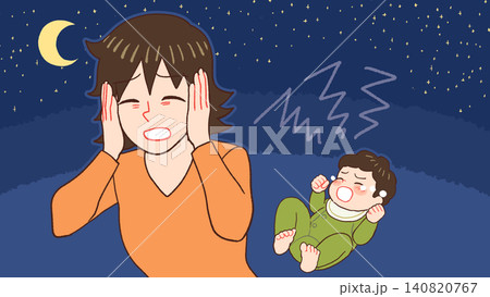 夜泣きする赤ちゃん、産後うつのお母さん 夜泣きする赤ちゃん、産後うつのお母さん 140820767