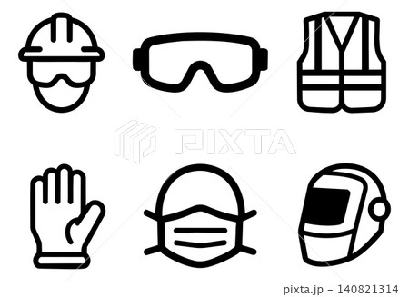 Industrial worker safety equipment and protective gear icons set for construction sites 140821314