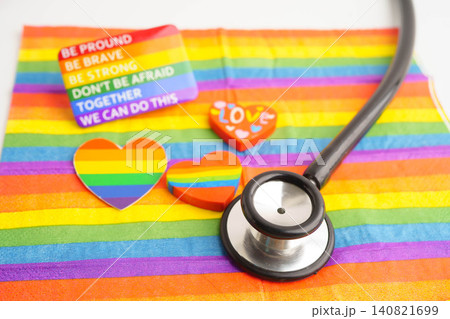 LGBT symbol, Stethoscope on rainbow flag, rights and gender equality, LGBT Pride Month in June. LGBT symbol, Stethoscope on rainbow flag, rights and gender equality, LGBT Pride Month in June. 140821699