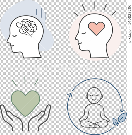 A set of simple line art icons representing mental health and stress care. A set of simple line art icons representing mental health and stress care. 140822206