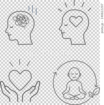 A set of simple line art icons representing mental health and stress care. 140822207