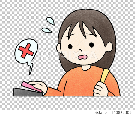 A hand-drawn illustration of a woman panicking because she can't make a contactless payment or cashless payment. 140822309