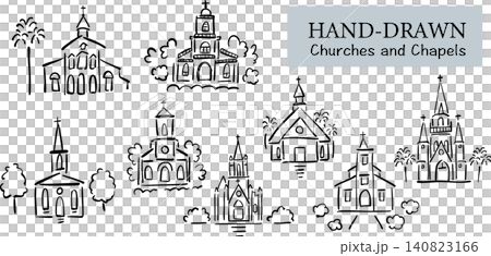 Hand-drawn church/chapel illustration set, line art sketch style, for weddings, marriage ceremonies, and religious architecture. 140823166