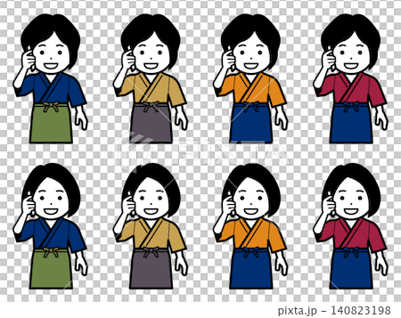 [Different hairstyle] Icon of a woman in a samue (traditional Japanese work clothing) and apron making a phone call on her smartphone. 140823198