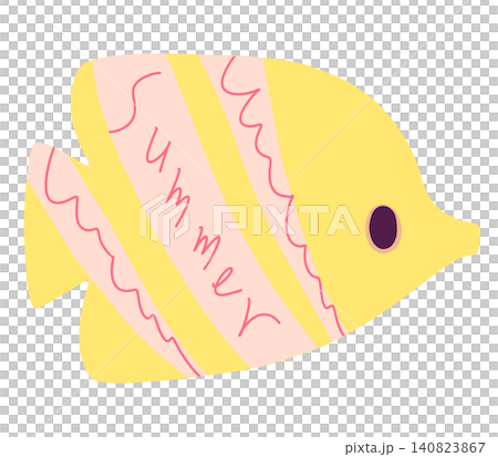 一條黃色的熱帶魚,上面寫著「夏天」這兩個字。 一條黃色的熱帶魚,上面寫著「夏天」這兩個字。 140823867
