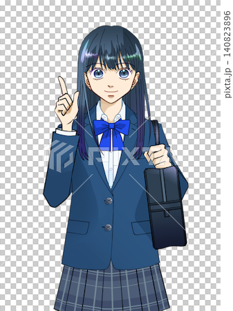 An anime-style illustration of a female student smiling, holding a school bag, and pointing, against a white background. An anime-style illustration of a female student smiling, holding a school bag, and pointing, against a white background. 140823896