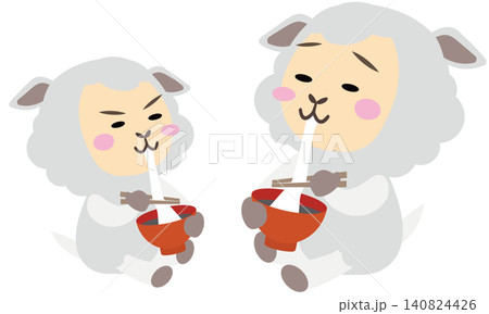 ぜんざいの餅がおいしくて感動する羊キャラクター 140824426