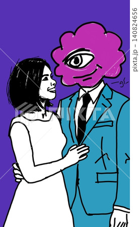 Surreal Couple With Pink Cloud Heads Representing Ideal Romance 140824656