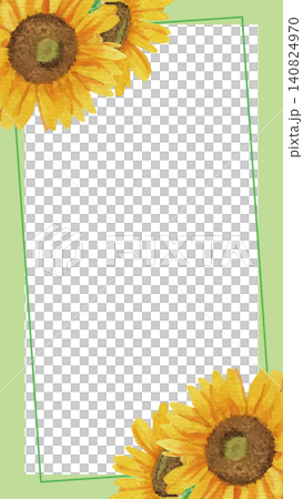 Vector illustration (green) of a square frame with hand-drawn watercolor sunflowers in the upper left and lower right corners [9:16 portrait] 140824970