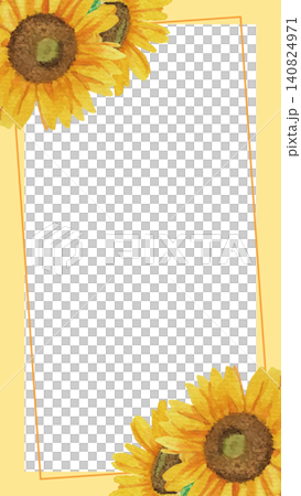 Vector illustration (yellow) of a square frame with hand-drawn watercolor sunflowers in the upper left and lower right corners [9:16 portrait] 140824971