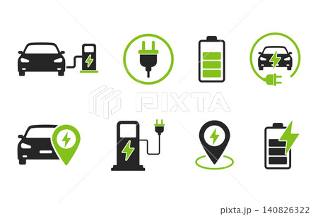Electric car charging icon, EV car charging icon, EV station, plug, location pin, hybrid car, green electric car with plug symbol on white background, EV car charging svg. 140826322