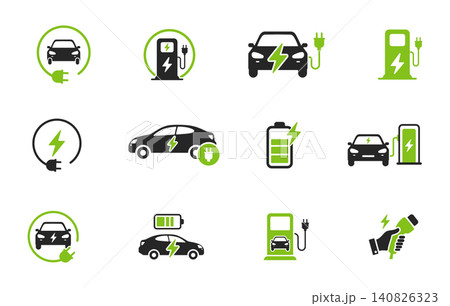 Electric car charging icon, EV station, plug, socket, hybrid car, green electric car with plug symbol on white background, EV car charging icon. 140826323