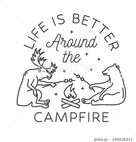 Life Is Better Around the Campfire Line Art Vector Illustration. Outdoor Camping Scene with Wildlife Life Is Better Around the Campfire Line Art Vector Illustration. Outdoor Camping Scene with Wildlife 140826815