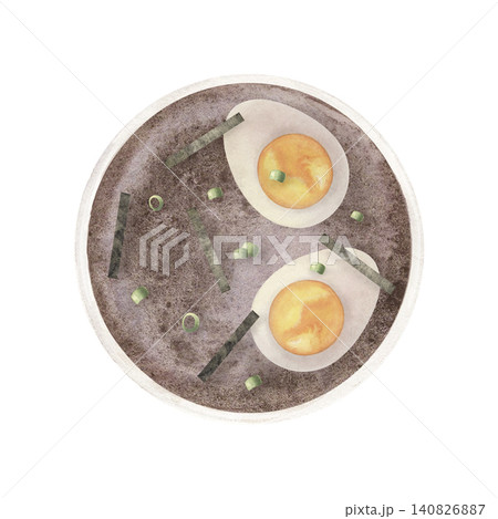 Bowl of rich brown soup with boiled egg, green onion, nori. Hand-painted watercolor illustration isolated on a white for restaurant menus, food advertising, cookbooks, posters, Asian cuisine branding 140826887