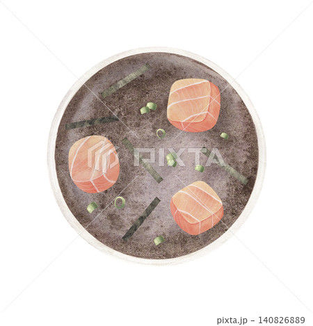 Bowl of rich brown soup with salmon, green onion, nori. Hand-painted watercolor illustration isolated on a white for restaurant menus, food advertising, cookbooks, posters, Asian cuisine branding Bowl of rich brown soup with salmon, green onion, nori. Hand-painted watercolor illustration isolated on a white for restaurant menus, food advertising, cookbooks, posters, Asian cuisine branding 140826889