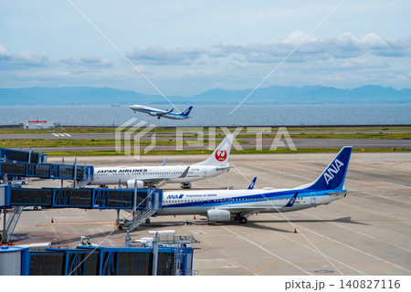 《中部国際空港セントレア》エプロンで駐機する旅客機と滑走路を離陸する旅客機 《中部国際空港セントレア》エプロンで駐機する旅客機と滑走路を離陸する旅客機 140827116