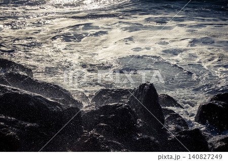 Waves crashing against the rocky coastline with a view of the Mediterranean Sea in Tel Aviv Waves crashing against the rocky coastline with a view of the Mediterranean Sea in Tel Aviv 140827249