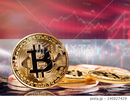 Bitcoin with Monegasque flag in the background. Investors in cryptocurrency and Blockchain Technology in Monaco, Concept Bitcoin with Monegasque flag in the background. Investors in cryptocurrency and Blockchain Technology in Monaco, Concept 140827429