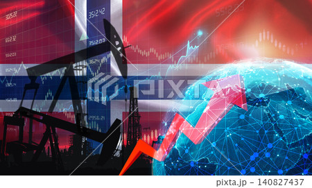 Global oil growth with Norwegian flag. International oil exports with Norway flag on the economic chart Global oil growth with Norwegian flag. International oil exports with Norway flag on the economic chart 140827437