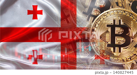 Bitcoin cryptocurrency with Georgian flag. Investors in Blockchain Technology with Georgia flag background 140827445